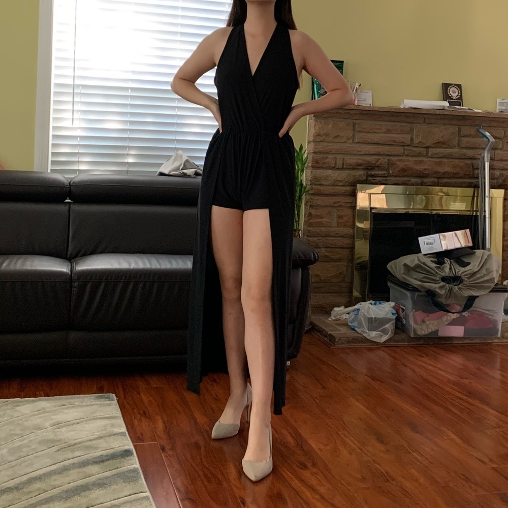 Black maxi romper v neck winter formal dress